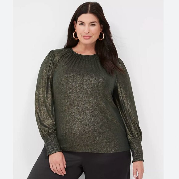Lane Bryant Green Gold Metallic Smocked Flowy Jersey Knit Top Long Sleeve 18/20 - Picture 1 of 6
